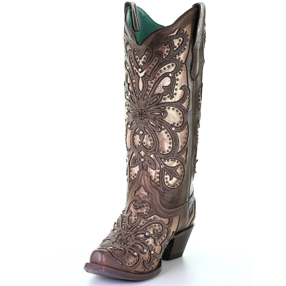 NEW Corral Metallic Inlay Snip Toe Western Cowgirl Boots Bronze Studded E1594 7M